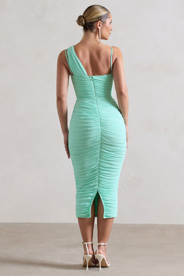 Bellini Mint Asymmetric Ruched Midi Dress